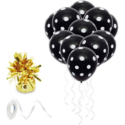 Blue Panda 50 Pack Polka Dot Balloons with 1 Gold Balloon Weight and String (Black & White)