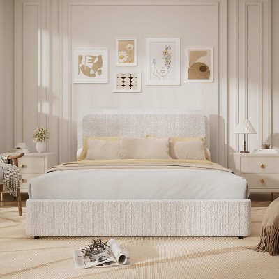 Modern Beige Boucle Upholstered Platform Bed Frame with Headboard, Featuring 4 Storage Drawers and Wooden Slats, No Box Spring Required.