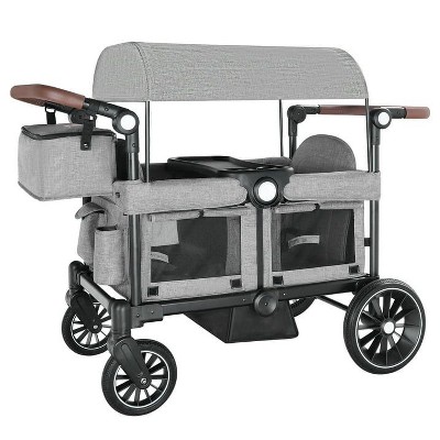 Kinder King Folding Wagon Stroller for 2 Kids, Adjustable Handle, All-Terrain Shock-Absorbing Wheel, Detachable Tray, Diaper Bag