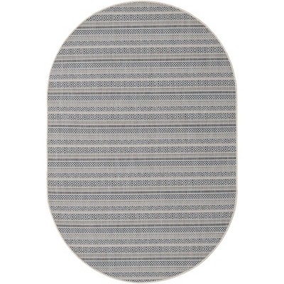 Light Blue Oval Striped Synthetic Outdoor Rug