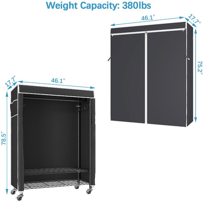 VIPEK R1C Plus Garment Rack with Cover Rolling Clothes Rack with Locking Wheels, Black Closet Rack with Cover, 3 of 10