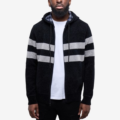CULTURA Mens' Full Zip Hooded Striped Cardigan Sweater With Faux Shearling Lining