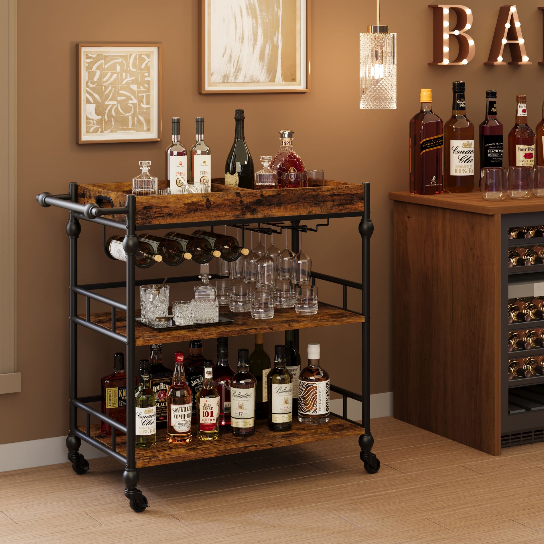 Bar Cart, Bar Carts for the Home, 3 Tier Serving Cart with Wheels, Metal Cart with Wine Rack & Removable Tray for Kitchen, Dining Room-Brown
