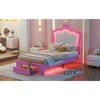 NicBex Bed Frame with LED Lights,Upholstered Bed Frame with Storage Drawers,Princess Bed With Crown Headboard for Girls, No Box Spring Needed,Pink+White - 3 of 4