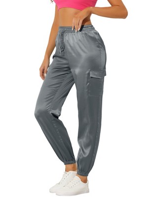 INSPIRE CHIC Women's Satin Drawstring Elastic High Waist Shiny Silky Cargo Pants