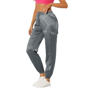INSPIRE CHIC Women's Satin Drawstring Elastic High Waist Shiny Silky Cargo Pants - 1 of 4