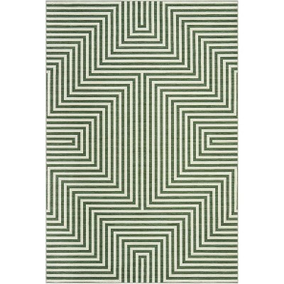 Kitchen Runner Rug Washable Non-Slip, Modern Geometric Green Low Pile Carpet for Hallway Bathroom Bedroom, Foldable Striped Floor Mat