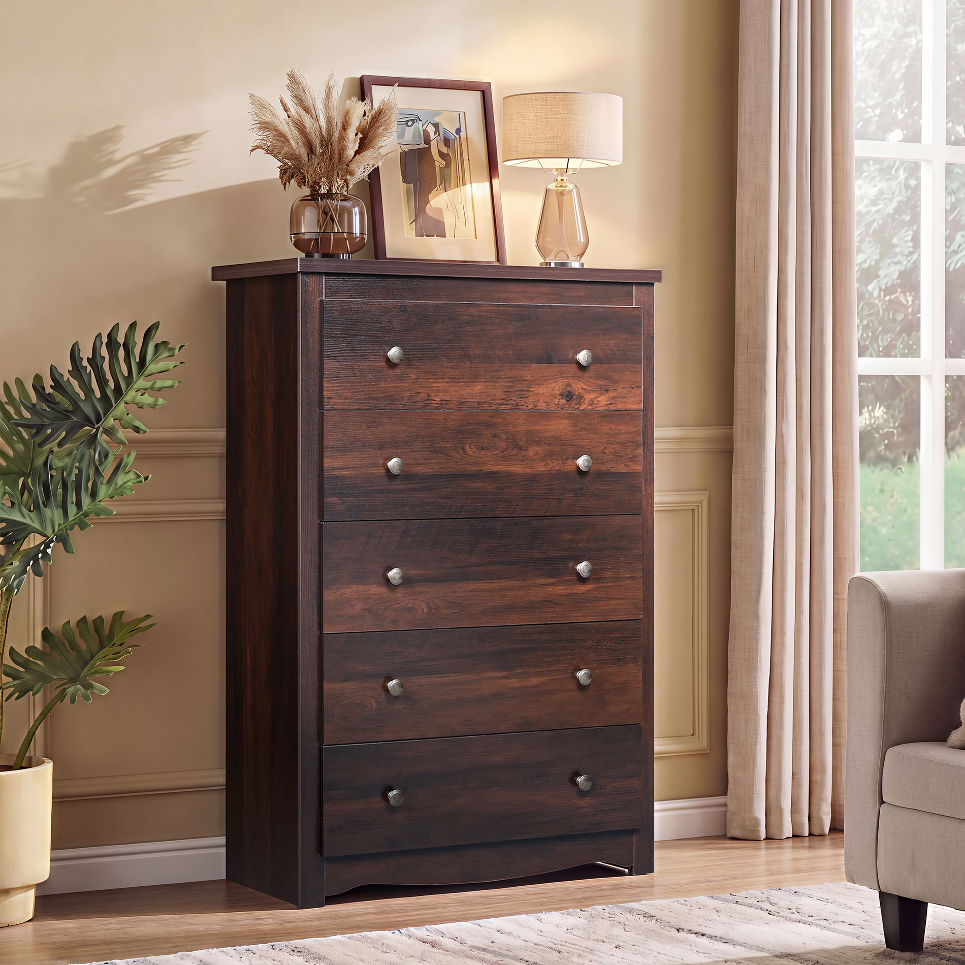 DEXYLLO Wood 5-Drawer Dresser – 15.75"W×31.50"D×45.35"H Wooden Storage Cabinet, Modern Organizer for Bedroom, Living Room & Hallway,Brown