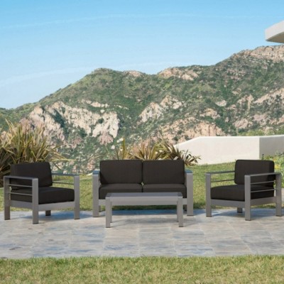 4-Piece Outdoor Aluminum Conversation Set with Glass Top Table,Loveseat & 2 Armchairs, Patio Furniture for Balcony,Deck,or Garden–Maison Boucle