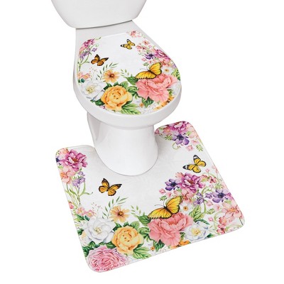 Floral Butterfly White Polyester Commode Rug Set