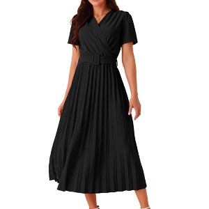 Seta T Women's Casual Short Sleeve Wrap V Neck Flowy Pleated Midi Dress with Belt - 1 of 4