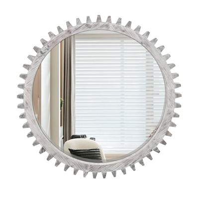 VYNXARIA Decorative Wall Mirrors - 34 Inch Vintage Gear Shape Round Mirror for Bathroom, Living Room, Entryway, Antique White Washed