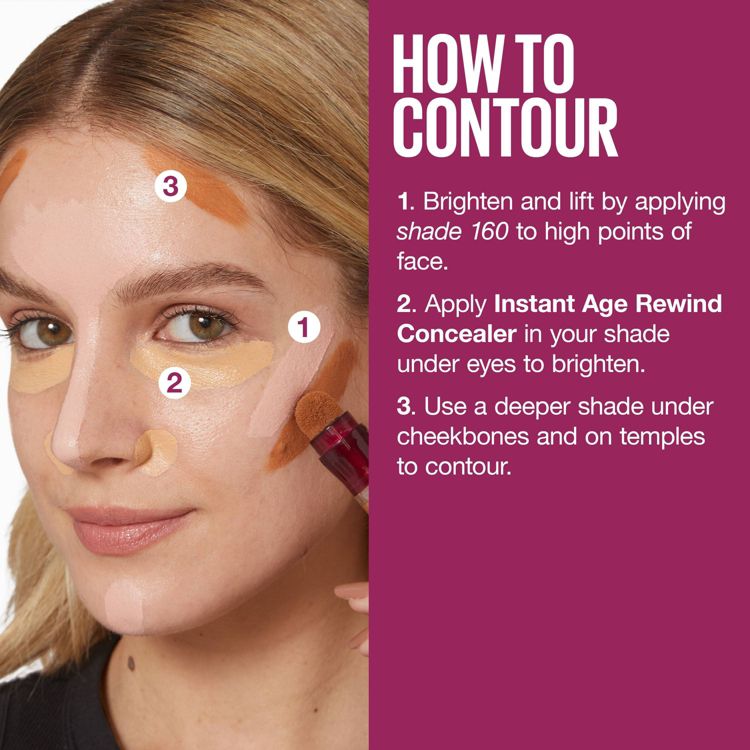 A woman demonstrates contouring with different shades of concealer applied to her face, alongside text instructions on how to contour.