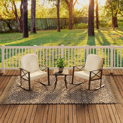3-Piece Rattan Rocking Bistro Set, Outdoor Patio Conversation Set w/ Cushioned Rocker & 2-Tier Table, Wicker Furniture for Garden, Porch