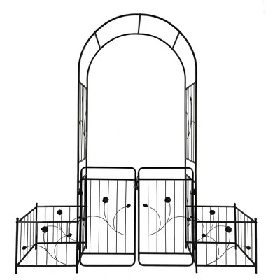 Metal Garden Arch with Gate 79.5'' Wide x 86.6'' High Climbing Plants Support Rose Arch Outdoor Black