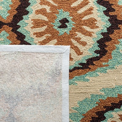 Beige and Green Floral Hand-Hooked Rectangular Rug