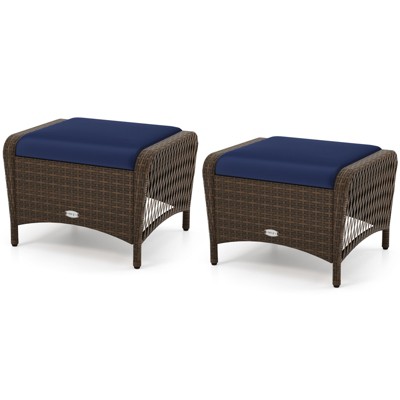 Tangkula 2 Pieces Outdoor Patio PE Wicker Ottomans w/ Removable Cushions Footstools