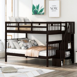 Full Over Full Stairway Bunk Bed with Storage Shelves, Convertible Design, Guard Rails, and Pine Frame - 1 of 4