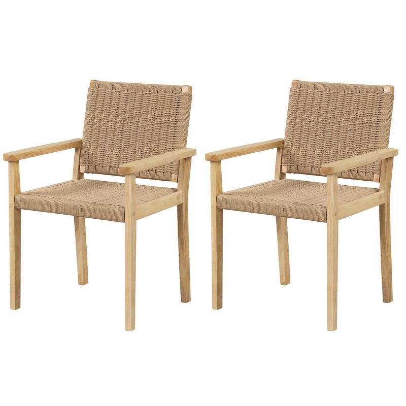 Costway Patio Chair Set of 2/4 Rubber Wood Dining Armchairs Paper Rope Woven Seat Balcony, 1 of 9