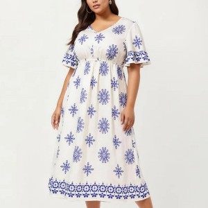 Anna-Kaci V Neck Midi Dress with Elastic Waist All Over Print Border Detail Flowy Fit Casual Dress, Plus-1X-14W-16W / White