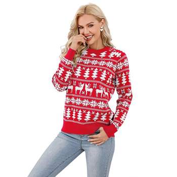 Family Christmas Sweater Reindeer Snowflake Pattern Crew Neck Holiday Pullover Knitwear