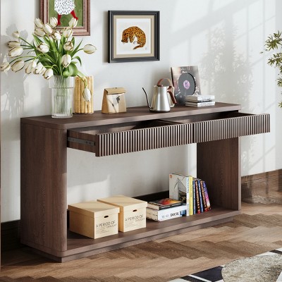60'' Fluted Console Table with 2 Drawers & Open Shelf,Modern Veneer Sofa Table for Entryway,Living Room,Hallway-Baofuwish