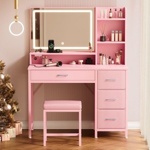 Greenstell Modern Vanity Desk with Mirror and Lights & Power Outlets - 4 Drawers & Storage Shelves, 3 Color Modes & Adjustable Brightness - 1 of 4