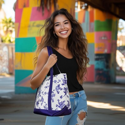Amethyst Purple Floral Embroidered Cotton Tote Bag