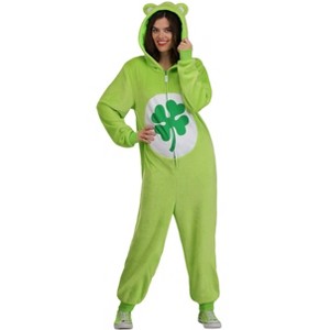HalloweenCostumes.com Care Bears Good Luck Bear Costume Jumpsuit | Adult Hooded Fleece Outfit with Clover Design for Halloween Cosplay - 1 of 4