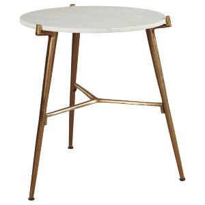 Chadton Side Table White/Gold Finish - Signature Design by Ashley: Marble Top, Antique Gold Base, Round Shape - 1 of 4