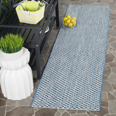 Blue and Light Grey Checkered Indoor/Outdoor Runner Rug