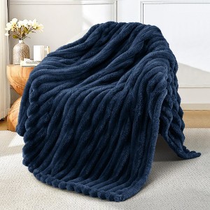 Aoibox Soft Fleece Throw Blanket, Cozy Striped Jacquard Bed Cover, Lightweight Fuzzy for All Seasons, Navy Blue - 1 of 4