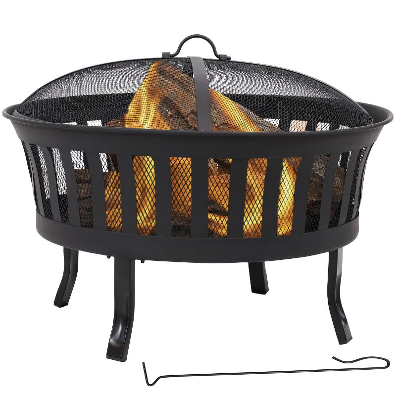 Sunnydaze 25" Outdoor Steel Mesh Stripe Cutout Fire Pit Set with Spark Screen and Poker Lifting Tool, 1 of 11