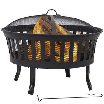 Sunnydaze 25" Outdoor Steel Mesh Stripe Cutout Fire Pit Set with Spark Screen and Poker Lifting Tool