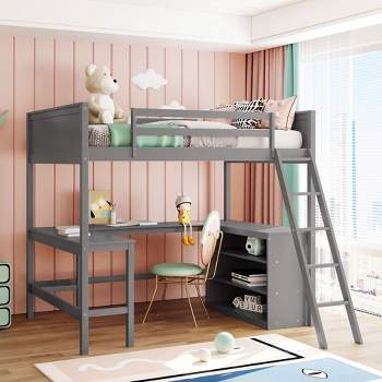 Full size Wooden Loft Bed with Shelves and Desk - ModernLuxe
