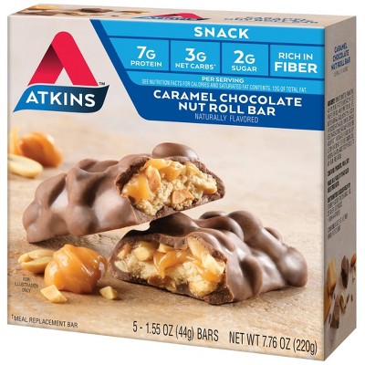 Atkins Caramel Chocolate Nut Roll Whey Protein Snack Bars - 7g Protein - 5ct: 7.76oz, Chewy, Ready to Eat