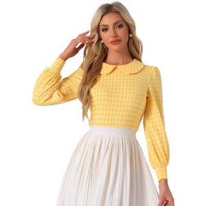 Allegra K Women's Peter Pan Collar Fashion Puff Long Sleeve Houndstooth Plaid Blouse - 1 of 4