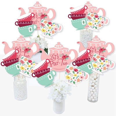 Big Dot of Happiness Floral Let's Par-Tea - Garden Tea Party Centerpiece Sticks - Table Toppers - Set of 15