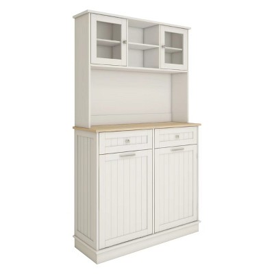 Vynxaria 67.7" Tall Kitchen Trash Can Storage Cabinet - White with 3 Adjustable Shelves, 2 Drawers, and Tilt-Out Trash for Kitchen or Dining Room.