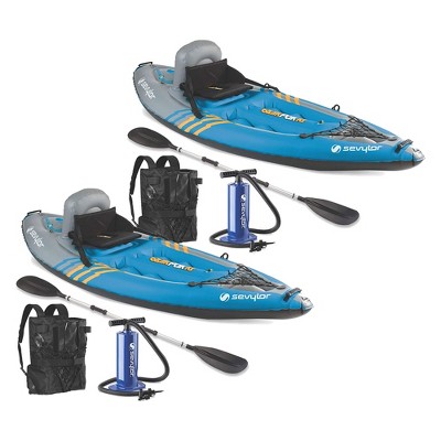 Sevylor K1 QuikPak 1 Person Kayak with 21 Gauge PVC Inflatable Coverless Sit On Top Design & Integrated Backpack, Blue (2 Pack)