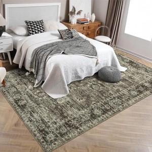5x7 Area Rug, Vintage Low Pile Distressed Carpet, Non-Slip, Stain-Resistant, No-Shedding, Easy-Clean, Dining/Bedroom/Dorm/Home Accent Rug, Brown - 1 of 4