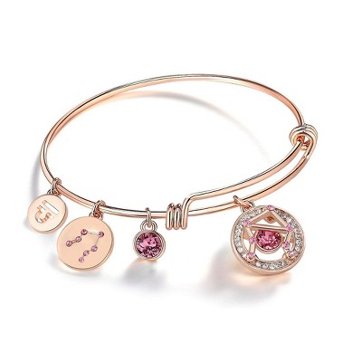 Leafael Superstar Zodiac Adjustable Bangle Bracelet with Premium Crystals Horoscope Constellation, 14K Rose Gold Plated, 7" Diameter