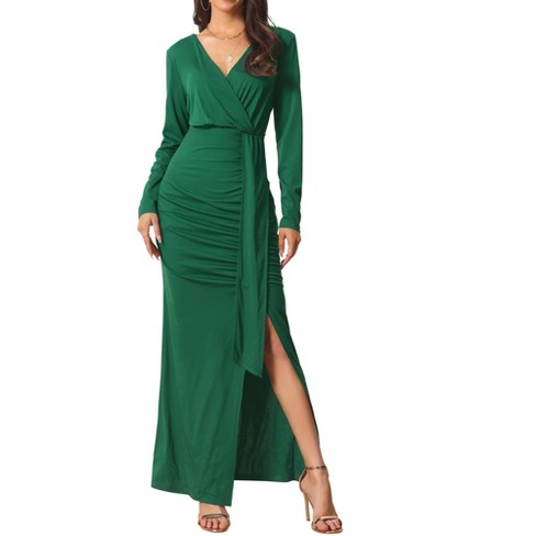 Women's Ruched Wrap Dress Long Sleeve V Neck Split Hem Draped Front Midi  Bodycon Dresses Knit Slit Party Dress - Small 