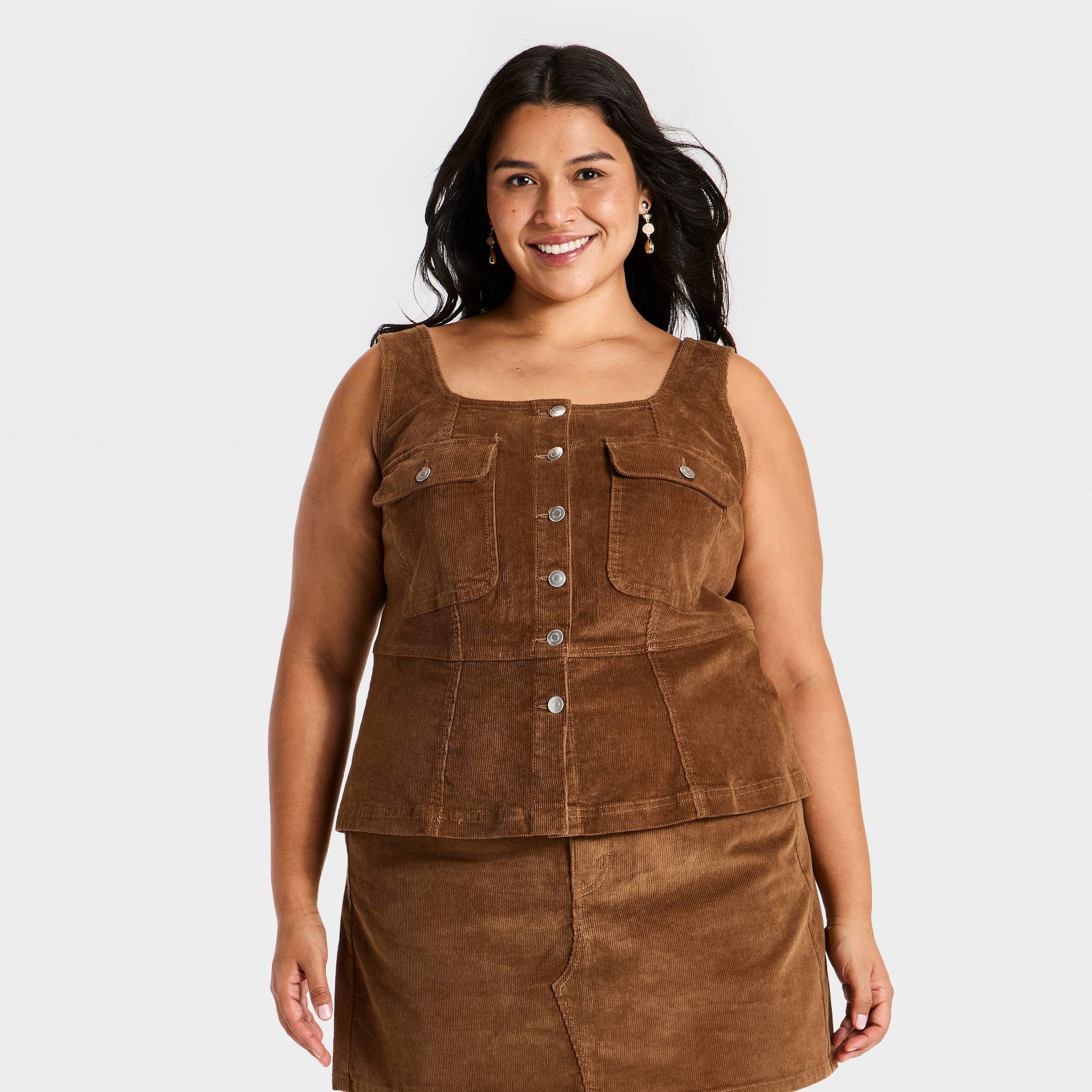 Women's Plus Peplum Cord Tank Top - Ava & Viv™ Brown