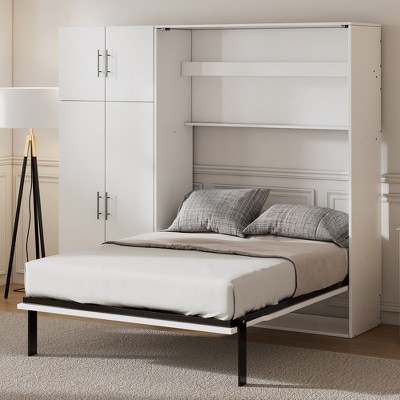 NicBex Full Size Murphy Bed Wooden Frame Murphy Bed Cabinet Wall Bed with Lockers and Wardrobes for Living Room, White