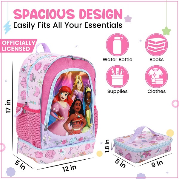 Set de 5 piezas de mochila y lonchera de 17 pulgadas de Disney Princess Favorite Characters para escuela y viajes 3