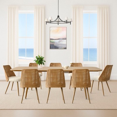 Modern 9-Piece Dining Set with Wood-Look Extendable Table and Oak Bouclé Upholstered Rattan Chairs for 8-Person Dining-Maison Boucle