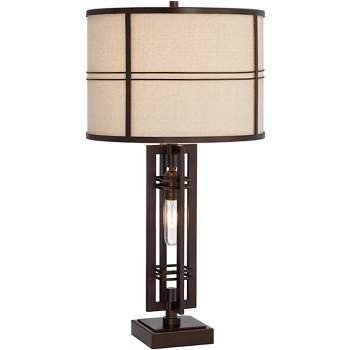 Franklin Iron Works Elias Modern Industrial Table Lamp 28" Tall Oiled Bronze with Nightlight Off White Oatmeal Drum Shade for Bedroom Living Room Kids