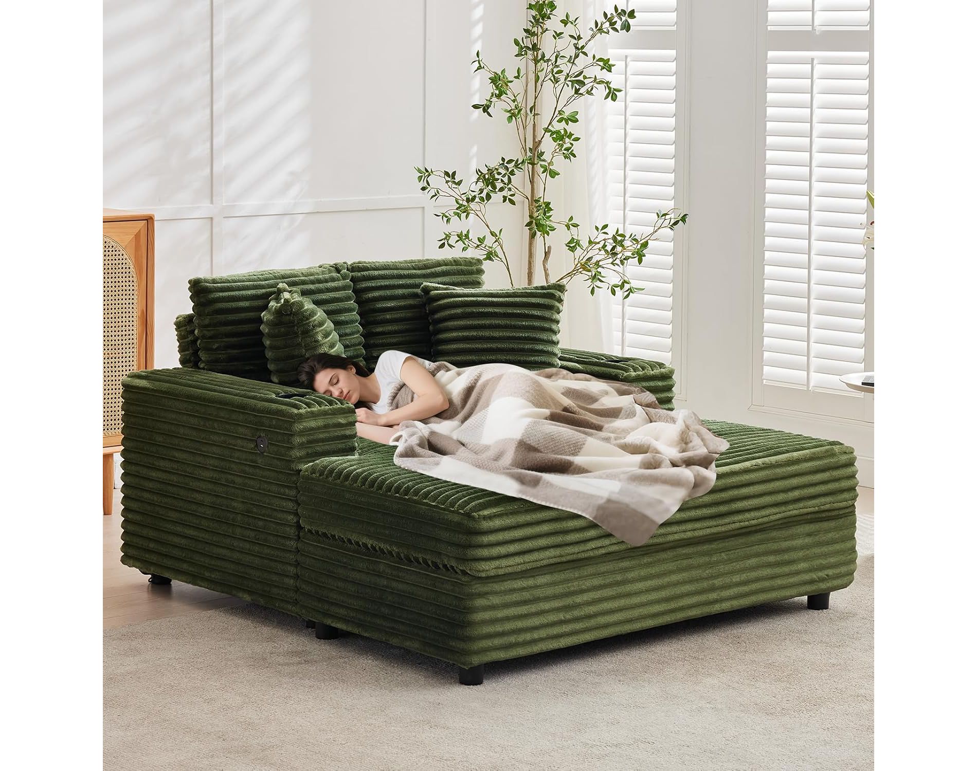60" Oversized Chaise Lounge Chair, Corduroy Sleeper Sofa with USB Charging & Cup Holder, Armrests & Pillows for Living Room, Bedroom