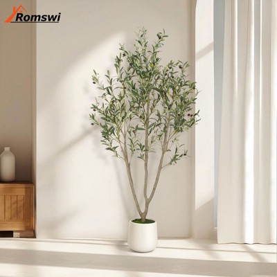 Romswi Olive Tree Artificial Indoor, 5-7 ft Tall Faux Olive Tree with White Planter, Artificial Plants, Natural Leaves Lifelike Fruits for Home Décor